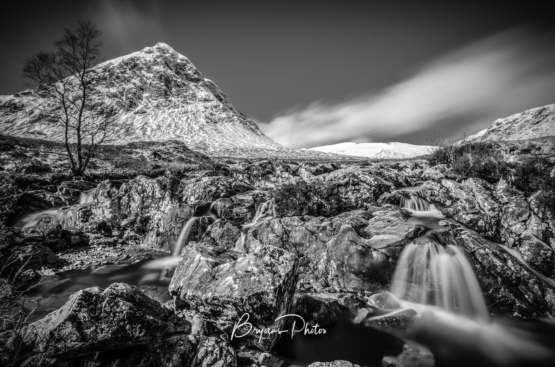 Etive Mor Falls Black & White - A black and white long exposure Photograph of Etive Mor, Glen Etive in the Scottish Highlands. by Bryans Photos