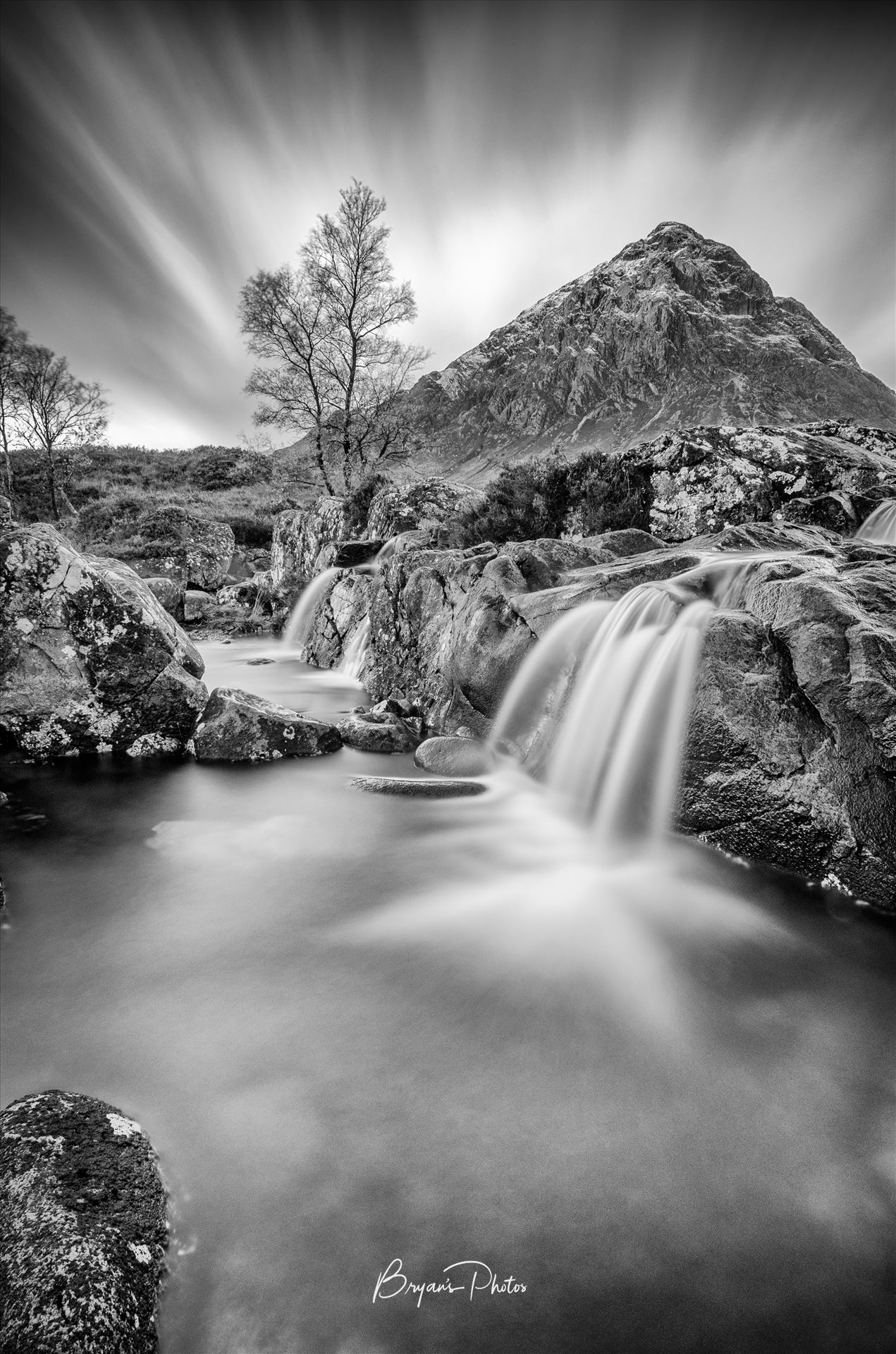 Bauchaille Portrait Black and White - A black and white long exposure Photograph of Bauchaille Etive Mor, Glen Etive in the Scottish Highlands. by Bryans Photos