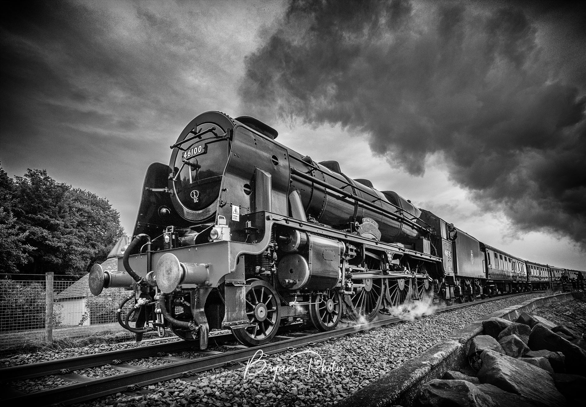 Royal Scot - A black & white photograph of the Royal Scot passing through Culross as part of it's journey through Fife. by Bryans Photos