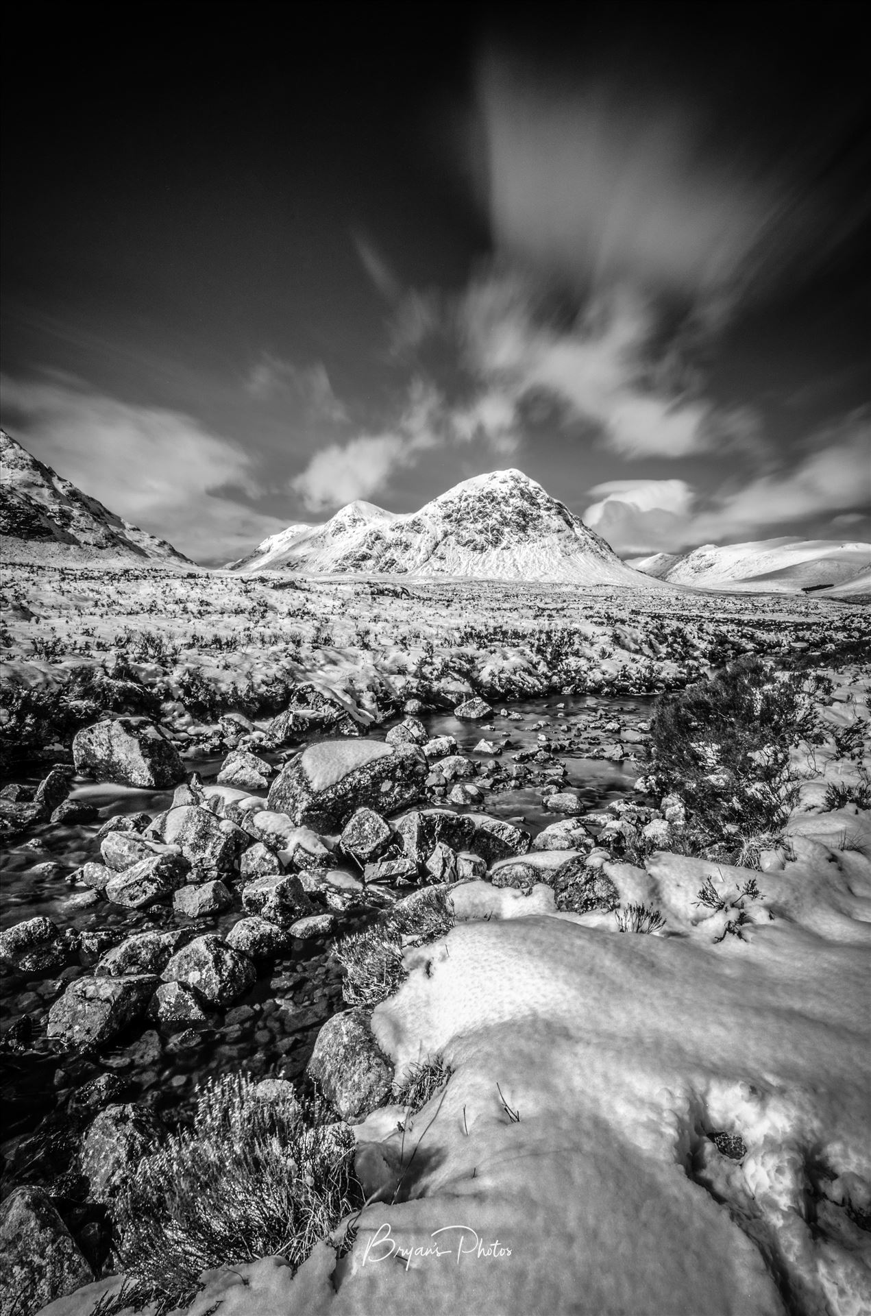 Bauchaille Etive Mor Portrait Black & White - A black and white long exposure photograph of Glen Etive in the Scottish Highlands. by Bryans Photos