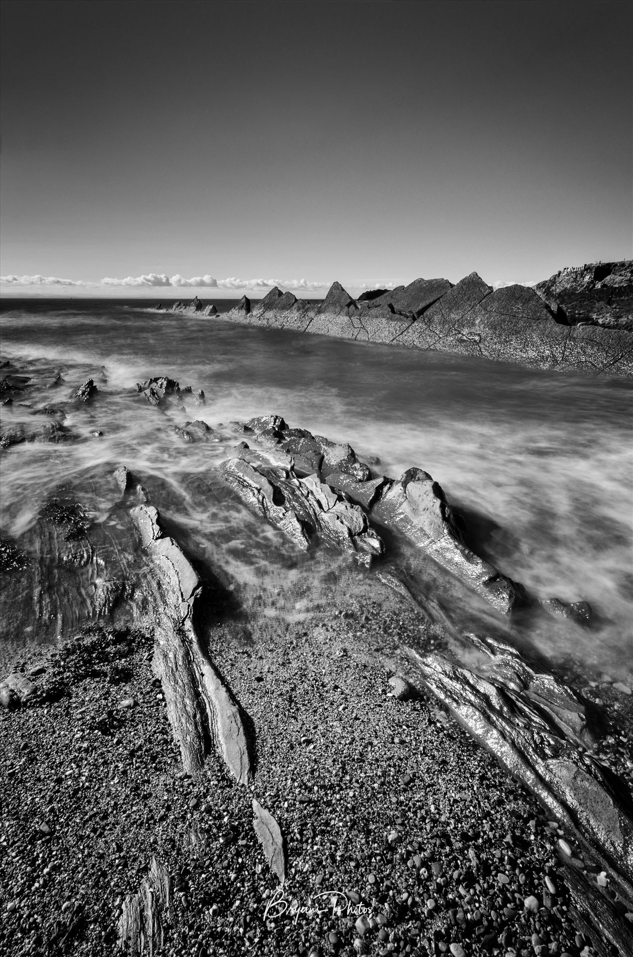 St Monans Coastline - A black and white photograph of the coastline at St Monans of the Fife coast taken at high tide. by Bryans Photos