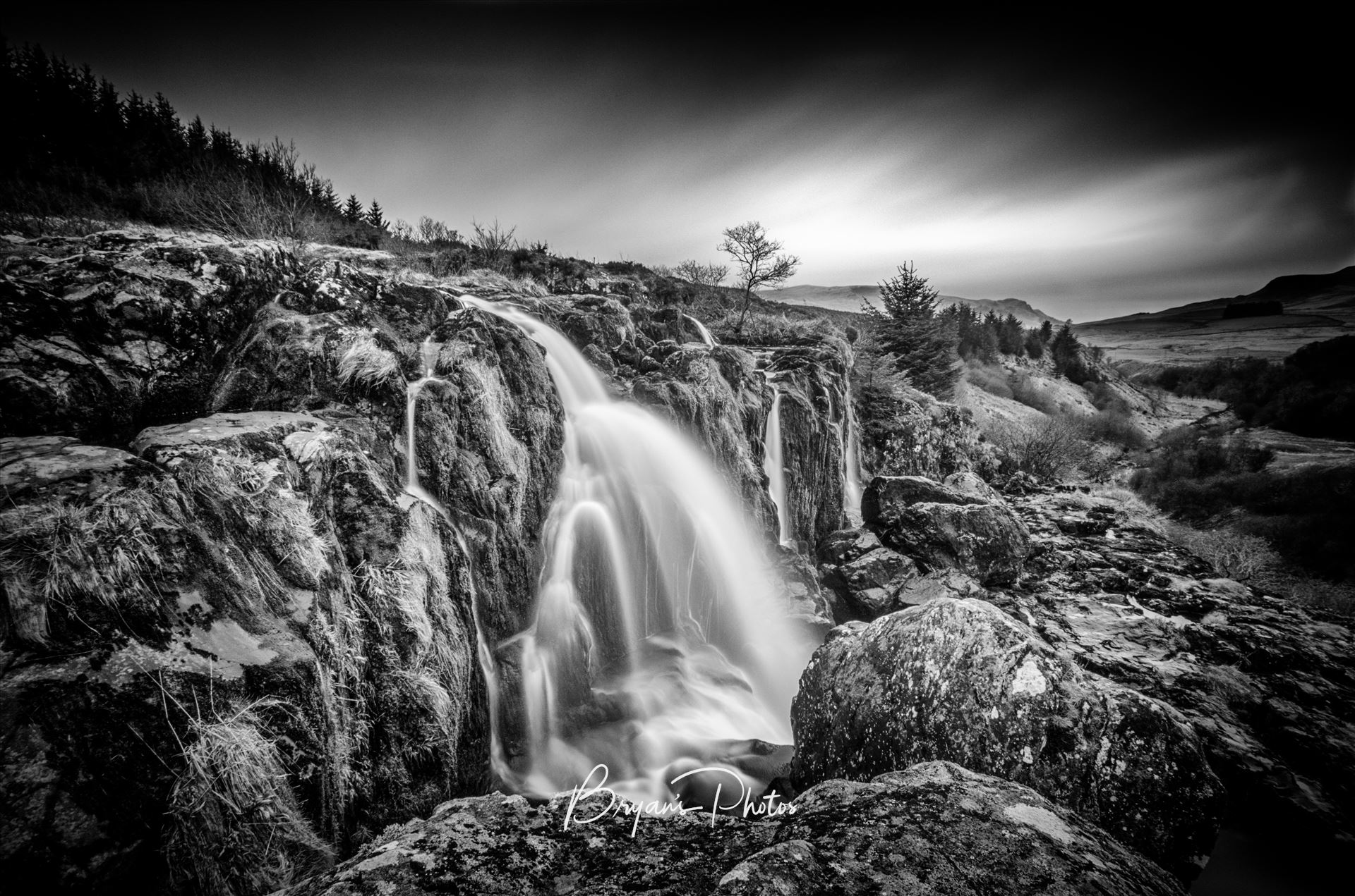 Fintry Falls - A black and white photograph of the Loup of Fintry in the Fintry Hills. by Bryans Photos