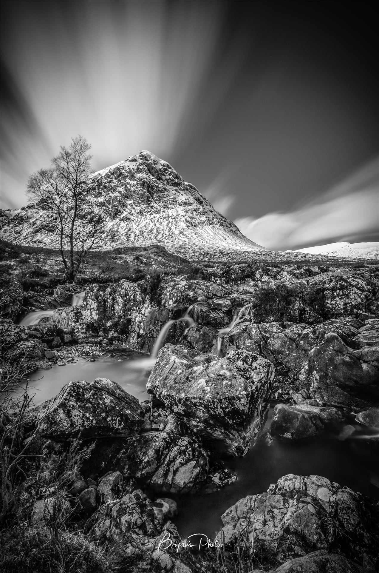 Etive Mor Black and White - A black and white long exposure Photograph of Etive Mor, Glen Etive in the Scottish Highlands. by Bryans Photos