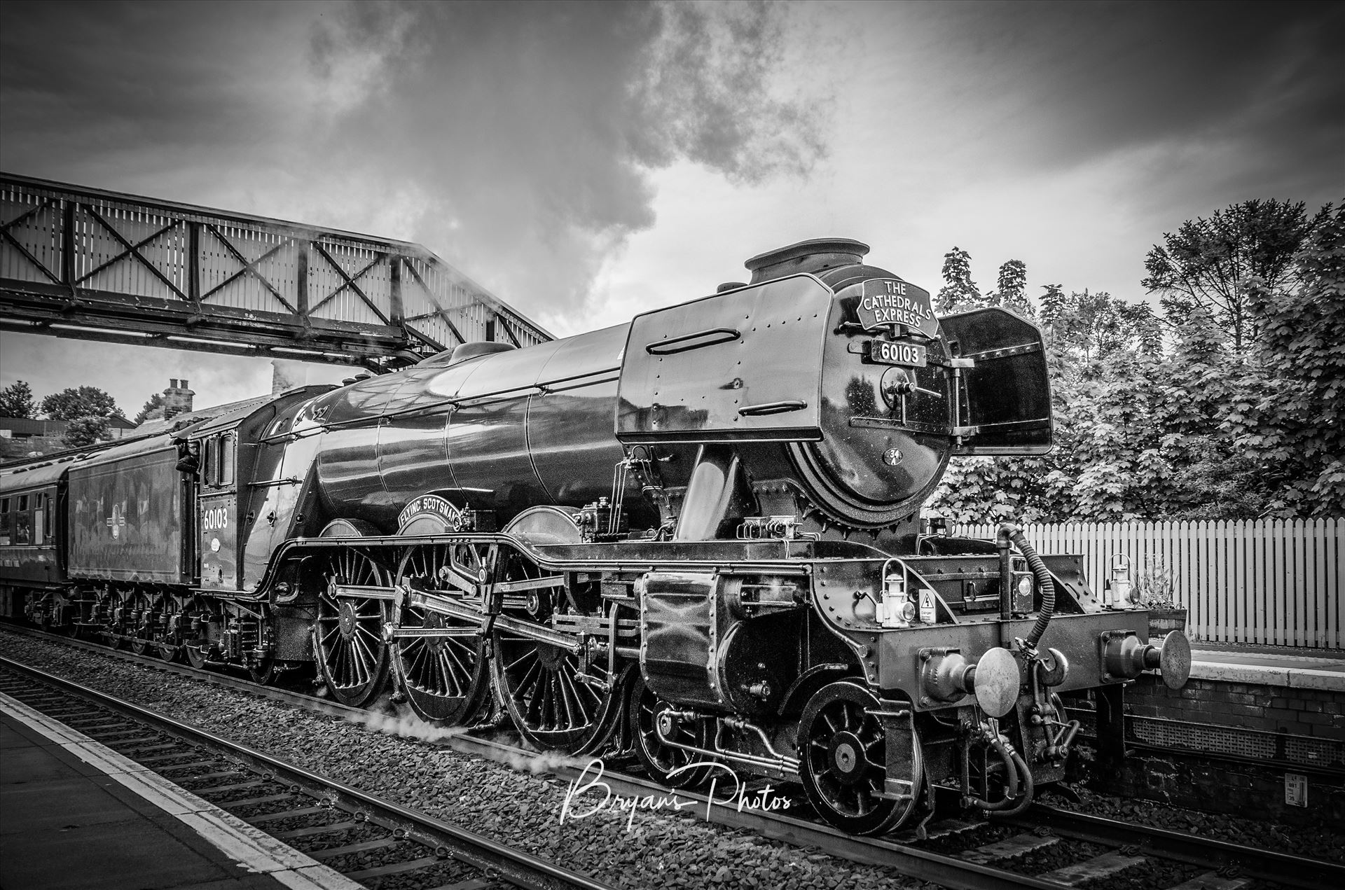 The Scotsman - A black and white photograph of the Flying Scotsman passing through North Queens ferry as it heads back to Edinburgh via the Forth Rail Bridge. by Bryans Photos