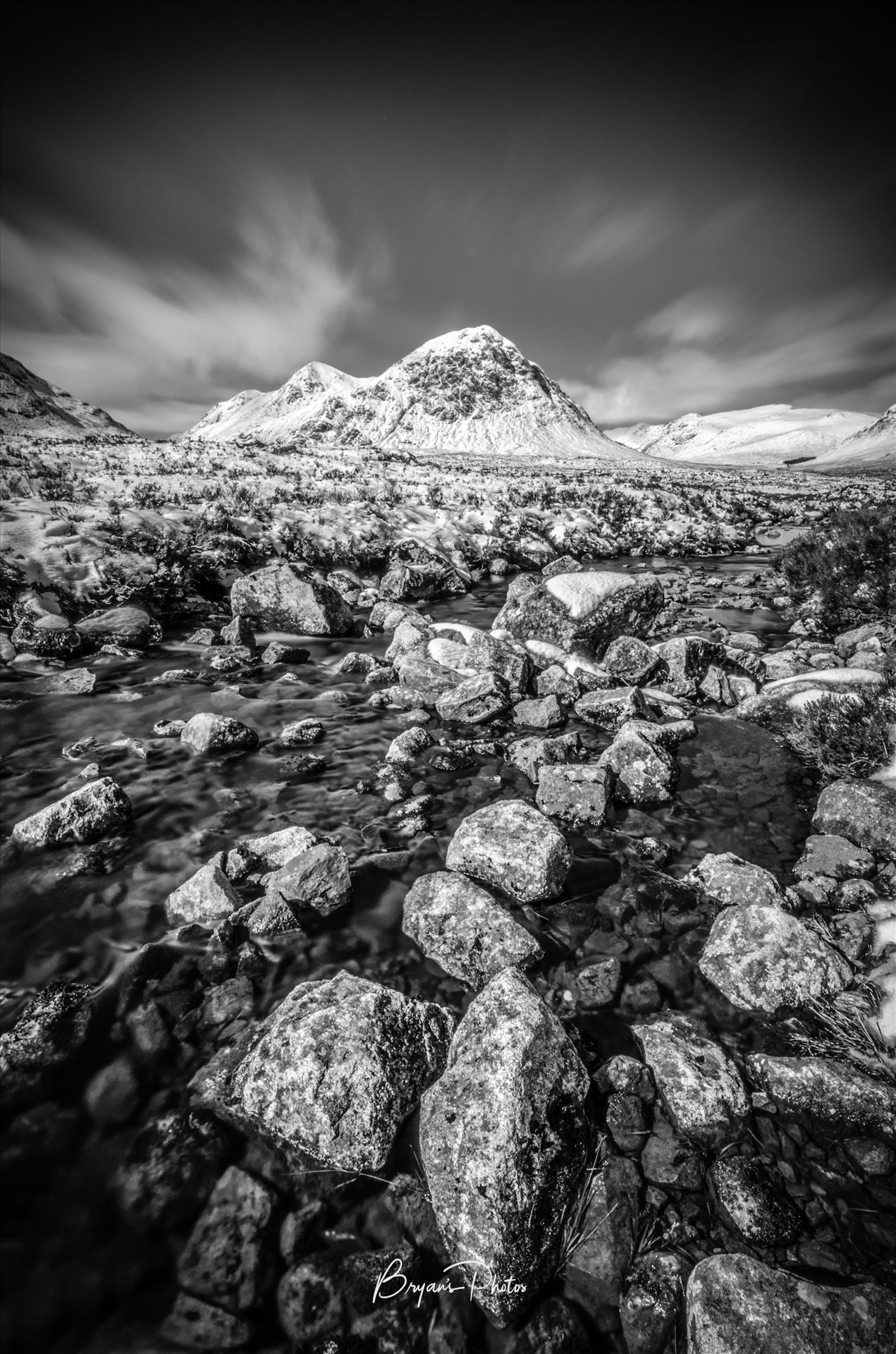 Glen Etive Portrait Black & White - A black and white long exposure photograph of Etive Mor, Glen Etive in the Scottish Highlands. by Bryans Photos