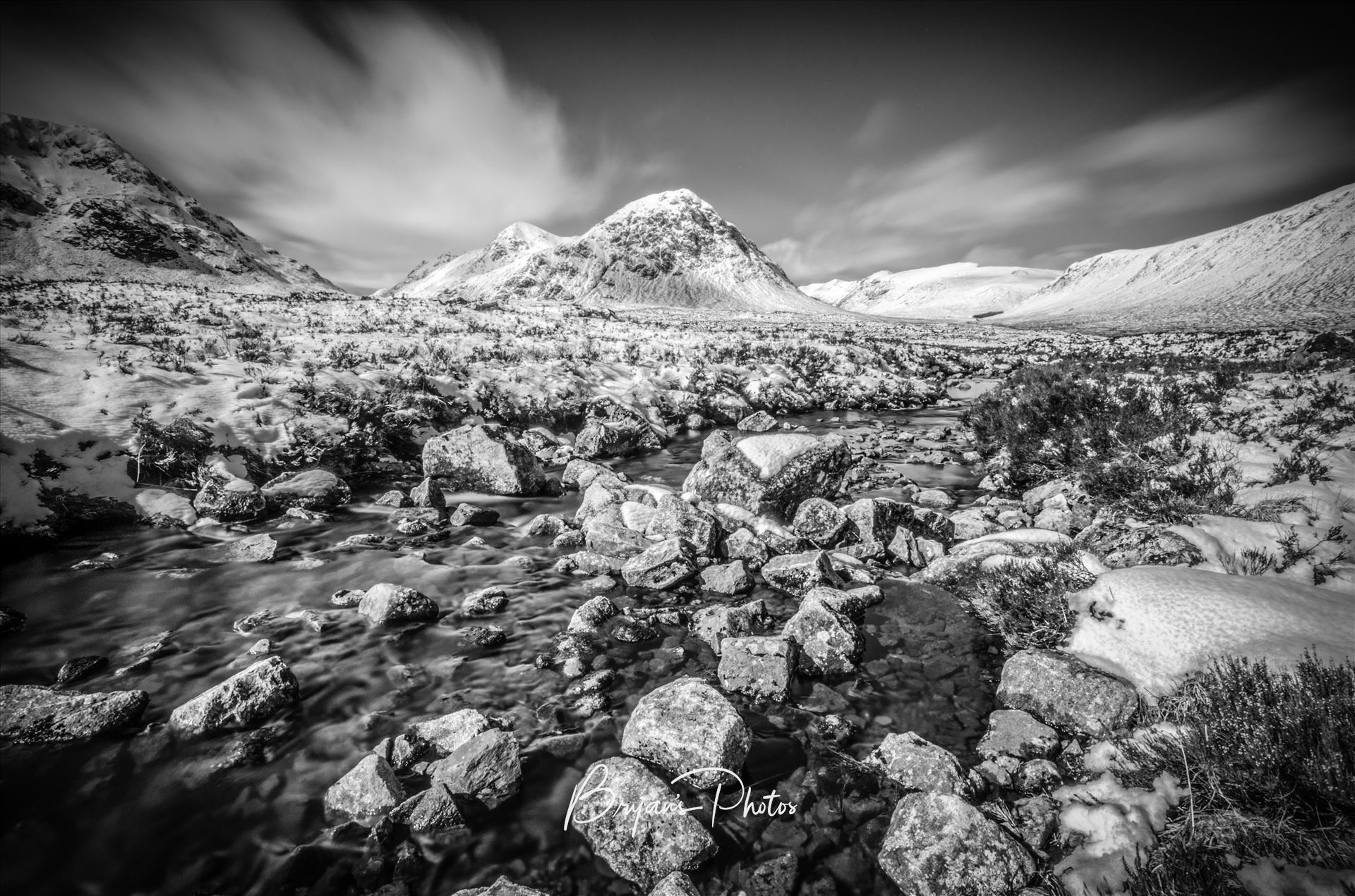 Glen Etive Black & White - A black and white long exposure Photograph of Etive Mor, Glen Etive in the Scottish Highlands. by Bryans Photos