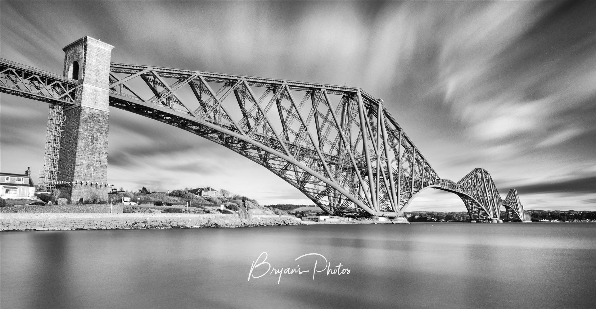 The Bridge Panorama - A black and white panoramic long exposure photograph of the iconic Forth Rail Bridge taken from North Queensferry. by Bryans Photos