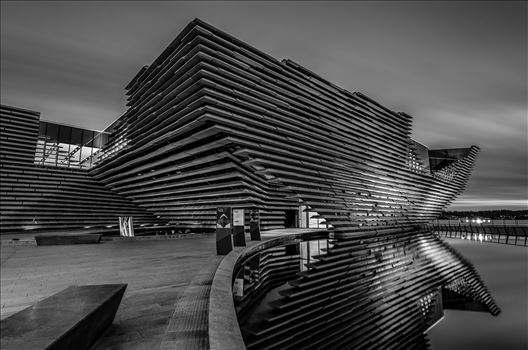 A black and white long exposure photograph of the V&A Museum Dundee.