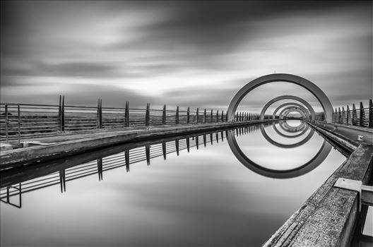 A long exposure photograph of the Falkirk wheel taken from the top of the wheel.