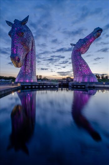 A photograph of the Kelpies lit up in purple taken just after sunset.