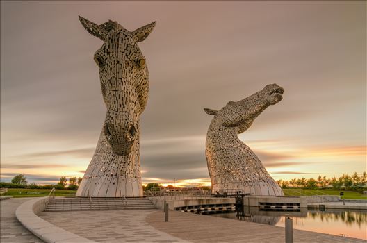 A long exposure Photograph of the Kelpies taken as the sunsets.