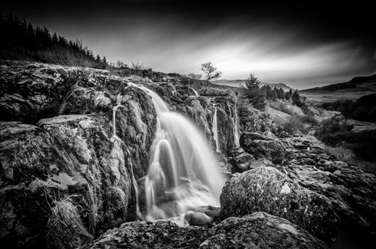 A black and white photograph of the Loup of Fintry in the Fintry Hills.