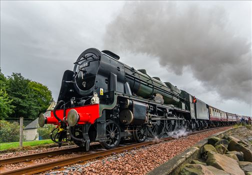 A colour photograph of the Royal Scot passing through Culross as part of it's journey through Fife.