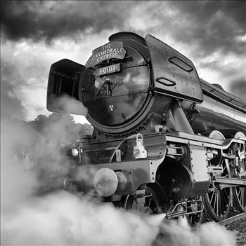 A black and white photograph of the world famous Flying Scotsman. Not suitable for canvas wrap.