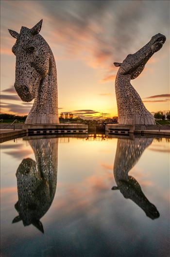 A photograph of the Kelpies taken at sundown.