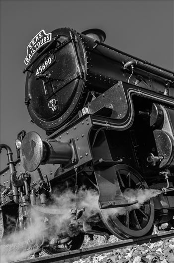 A black and white Portrait photograph of the Jubilee Class steam train Leander No.45690.