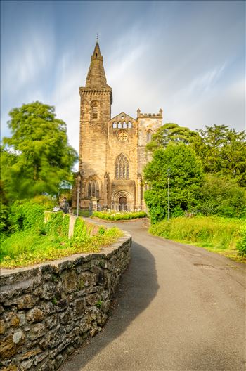 A long exposure photograph of Dunfermline Abbey taken from Dunfermline Glen.