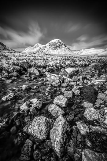 A black and white long exposure photograph of Etive Mor, Glen Etive in the Scottish Highlands.