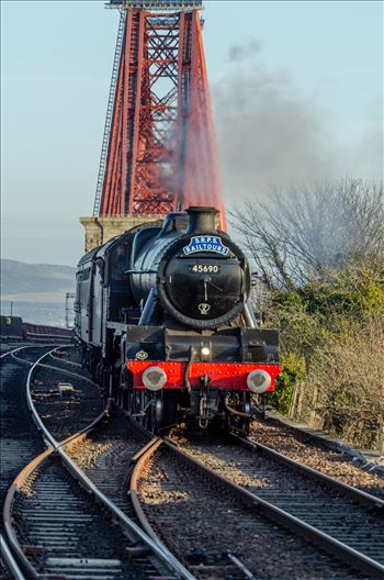 A photograph of the LMS Jubilee Class Leander Steam Train with the Forth Rail Bridge in the background taken from North Queensferry.