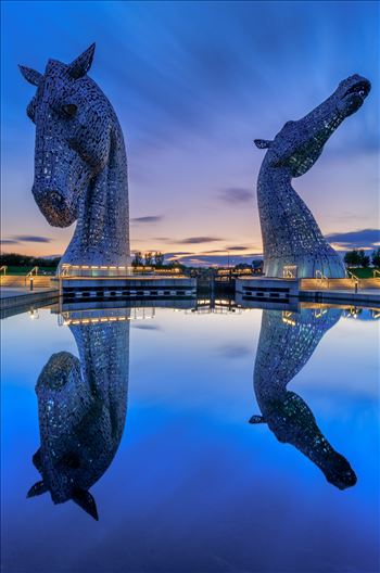 A photograph of the Kelpies taken just after sunset.